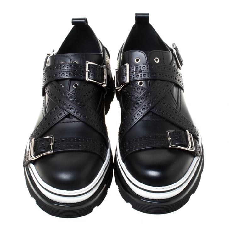 Pre Owned Dior Homme Black Brogue Leather Cross Strap Platform Oxfords Size 41.5