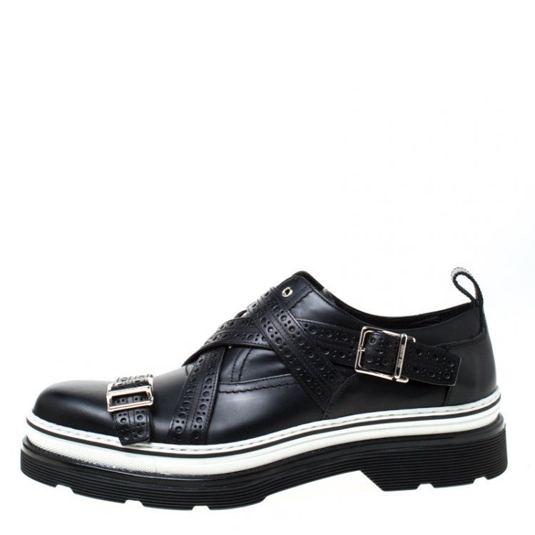 Pre Owned Dior Homme Black Brogue Leather Cross Strap Platform Oxfords Size 41.5