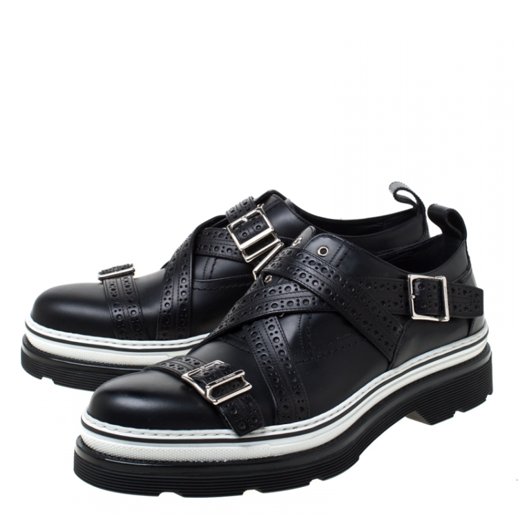 Pre Owned Dior Homme Black Brogue Leather Cross Strap Platform Oxfords Size 41.5