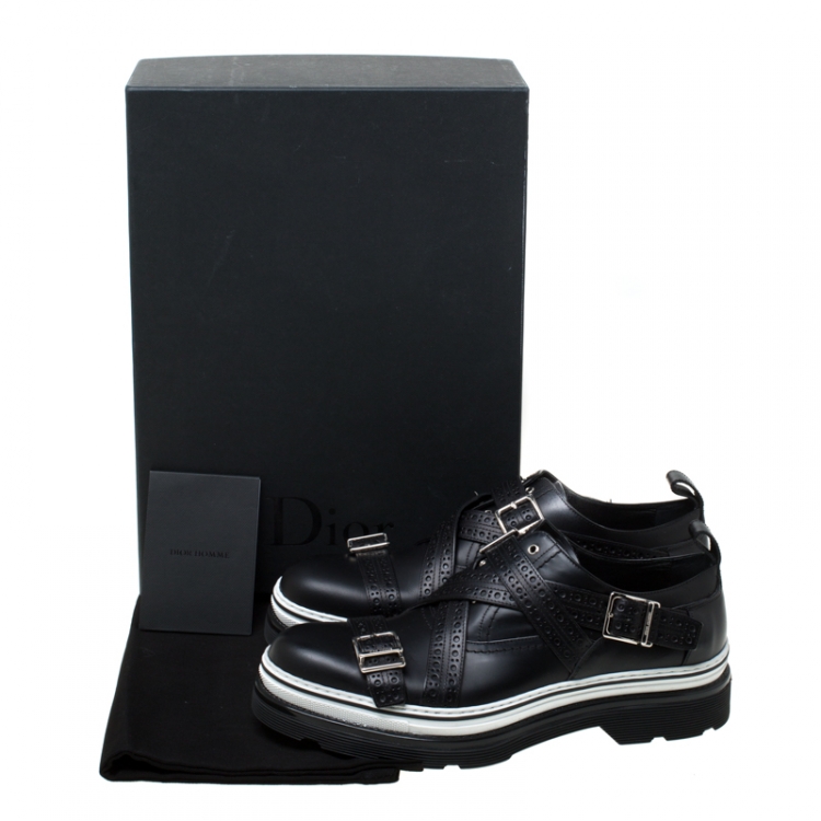 Pre Owned Dior Homme Black Brogue Leather Cross Strap Platform Oxfords Size 41.5