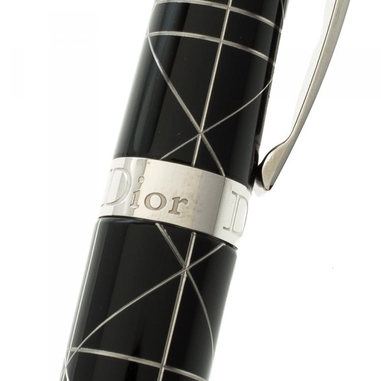 Pre Owned Dior Black Patent Resin & Engraved Silver Tone Ballpoint Pen