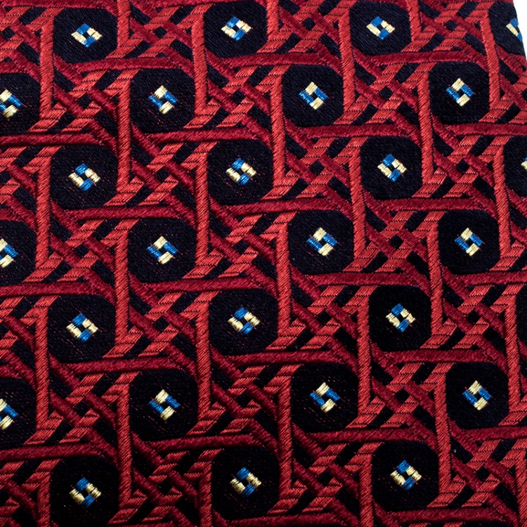 Pre Owned Dior Red and Navy Geometric Pattern Silk Jacquard Tie
