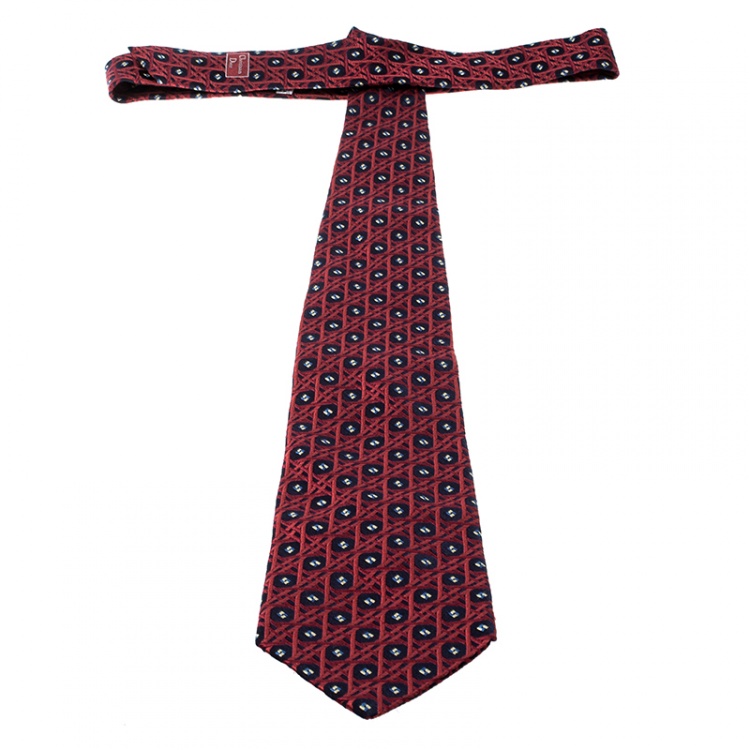 Pre Owned Dior Red and Navy Geometric Pattern Silk Jacquard Tie