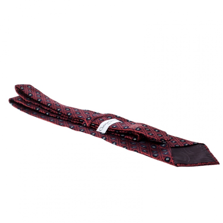 Pre Owned Dior Red and Navy Geometric Pattern Silk Jacquard Tie
