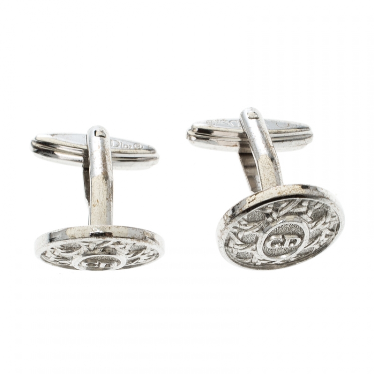 Pre Owned Dior CD Textured Silver Tone Round Cufflinks