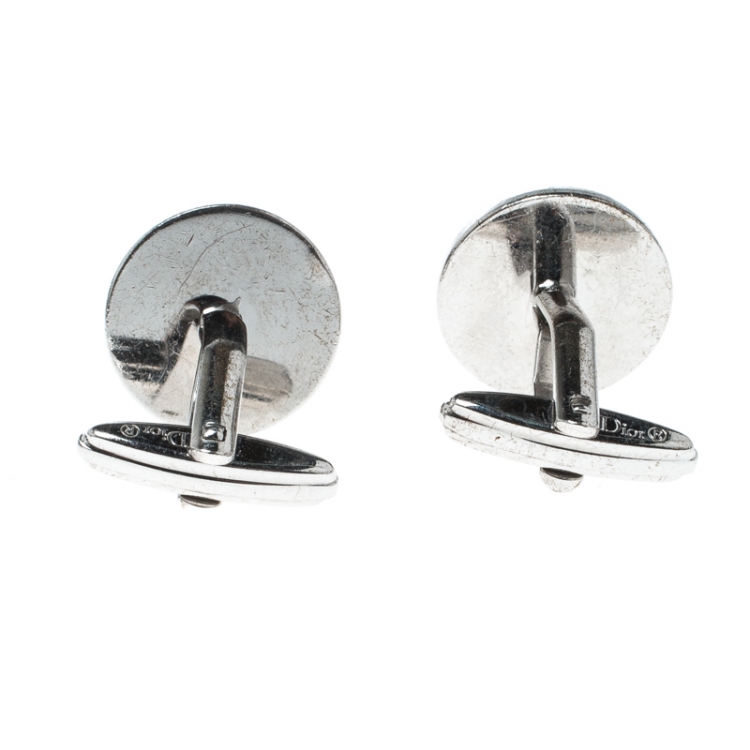 Pre Owned Dior CD Textured Silver Tone Round Cufflinks
