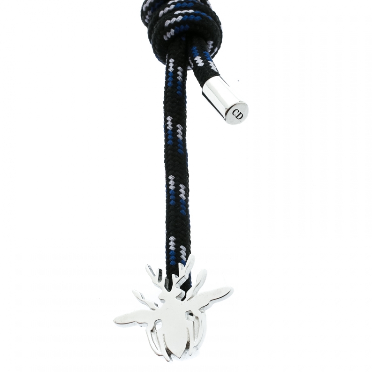 Pre Owned Dior Bee Silver & Woven Cord Adjustable Bracelet 