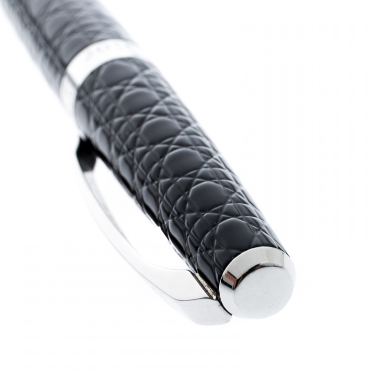 Pre Owned Dior Cannage Textured Black Lacquer Silver Tone Ballpoint Pen