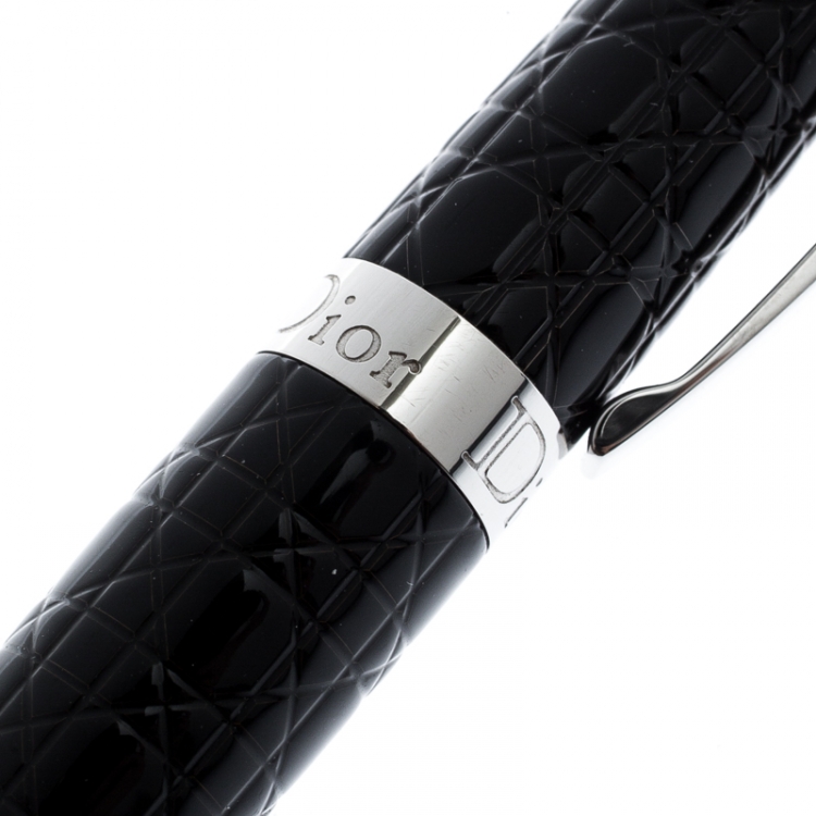 Pre Owned Dior Cannage Textured Black Lacquer Silver Tone Ballpoint Pen