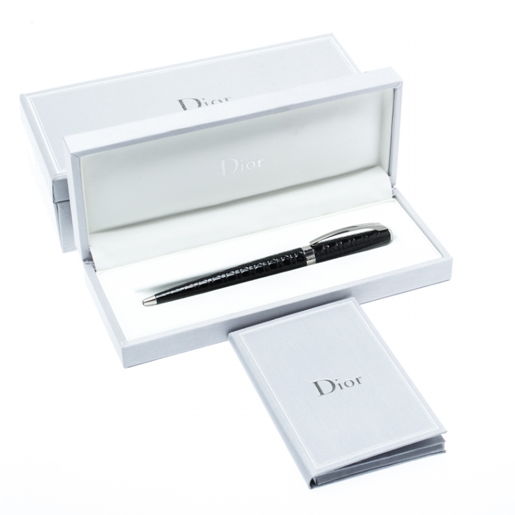 Pre Owned Dior Cannage Textured Black Lacquer Silver Tone Ballpoint Pen
