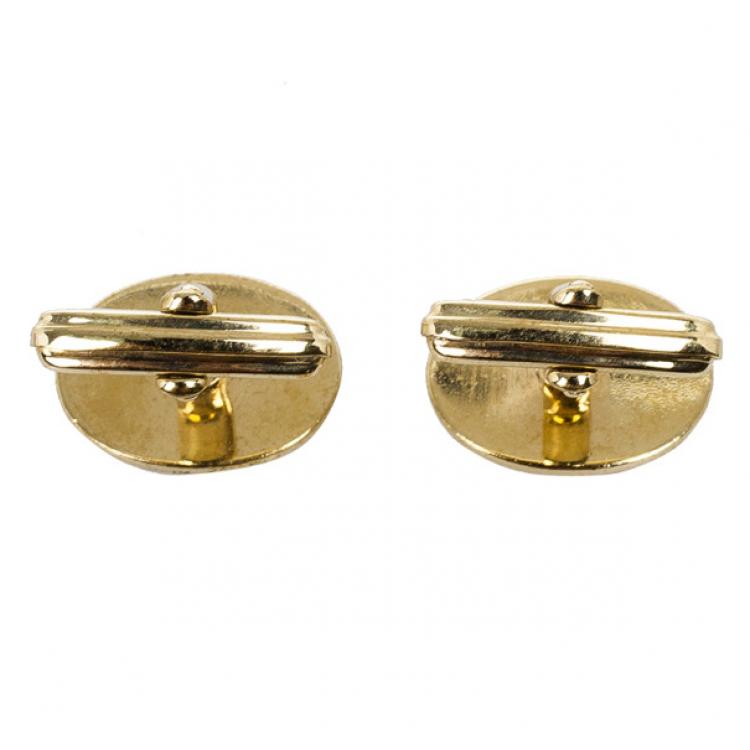 Pre Owned Christian Dior Logo Gold Plated Round Cufflinks