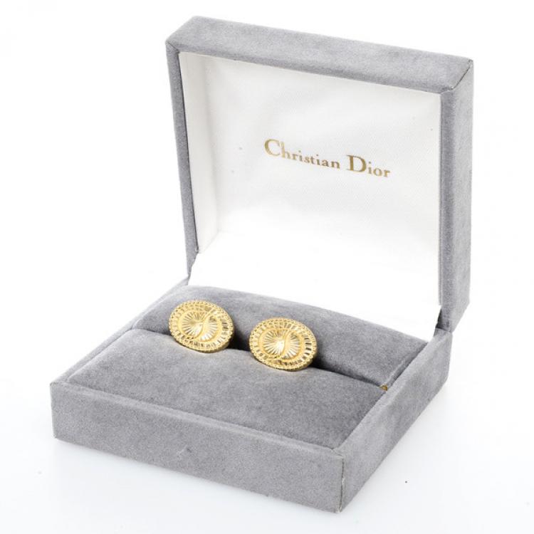 Pre Owned Christian Dior Logo Gold Plated Round Cufflinks