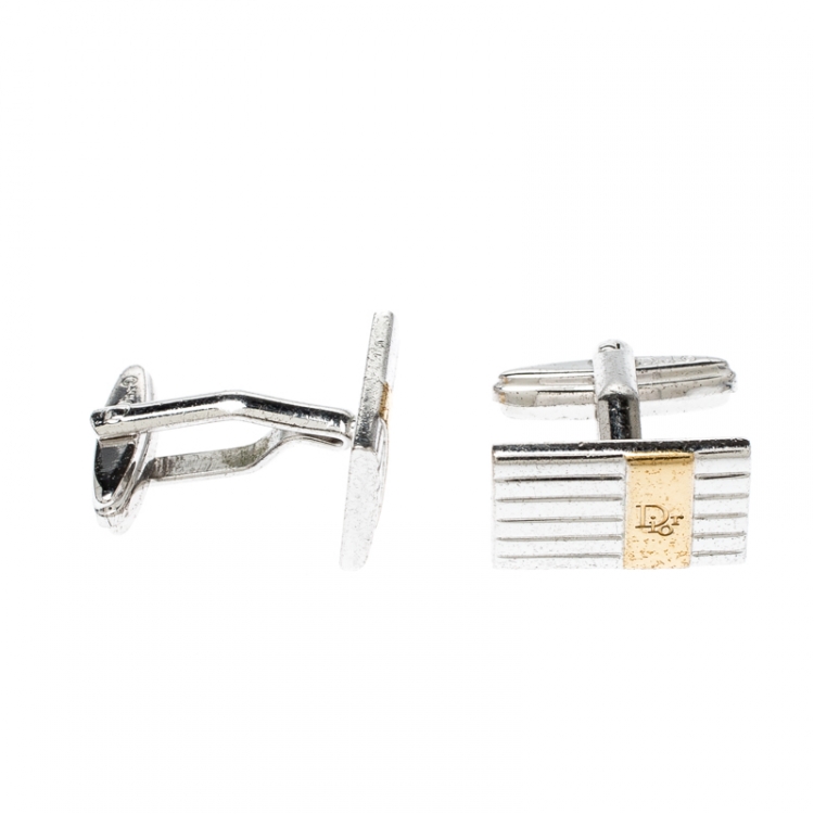 Pre Owned Dior Logo Stripe Two Tone Metal Tie Pin Cufflink Set
