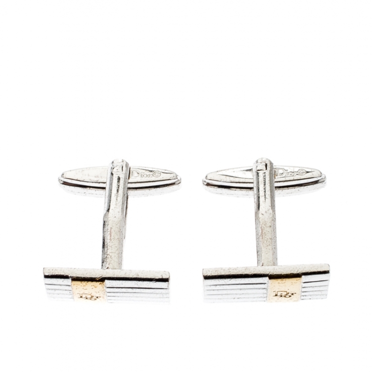 Pre Owned Dior Logo Stripe Two Tone Metal Tie Pin Cufflink Set