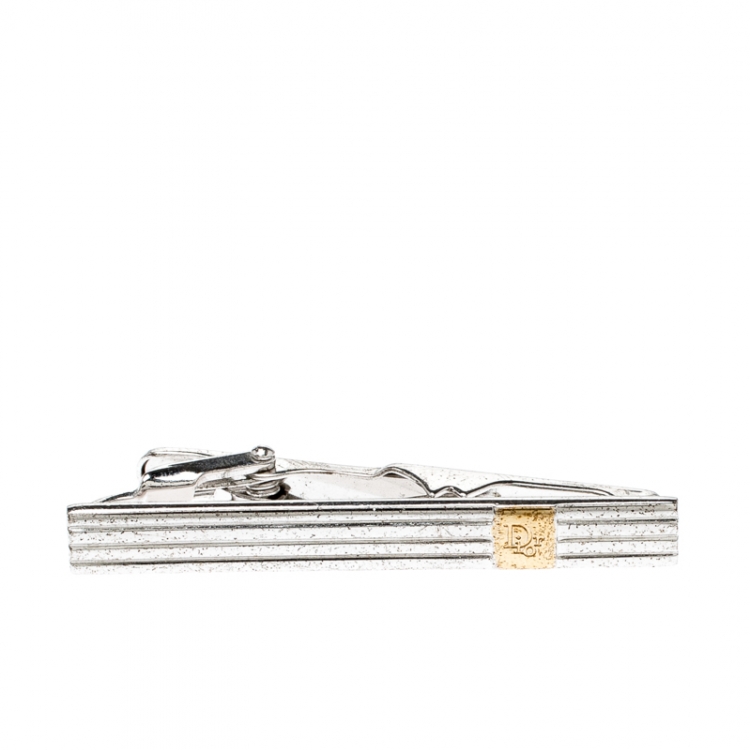Pre Owned Dior Logo Stripe Two Tone Metal Tie Pin Cufflink Set