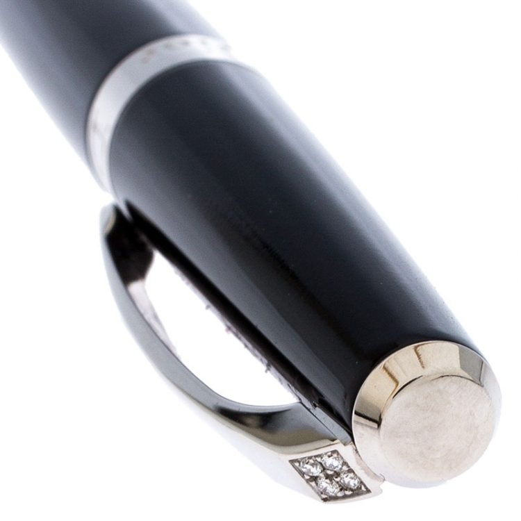 Pre Owned Dior Black Lacquer Diamond Encrusted Silver Tone Ball Point Pen