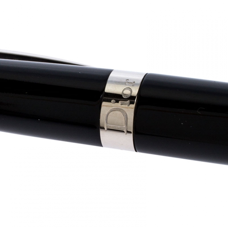 Pre Owned Dior Black Lacquer Diamond Encrusted Silver Tone Ball Point Pen