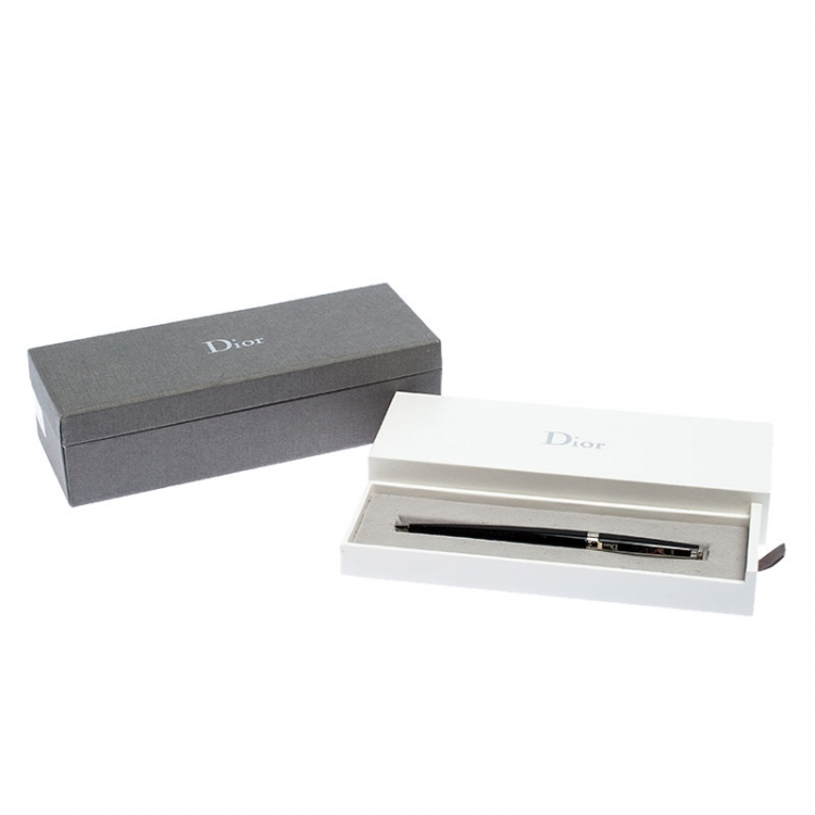 Pre Owned Dior Black Lacquer Diamond Encrusted Silver Tone Ball Point Pen