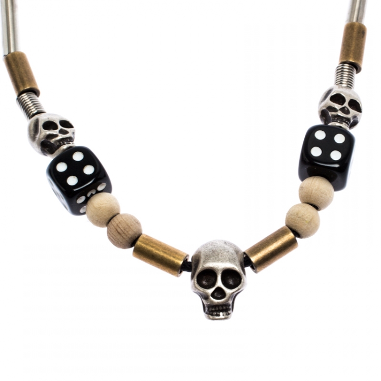 Pre Owned Dior Skulls & Dice Beads Black Leather Cord Necklace