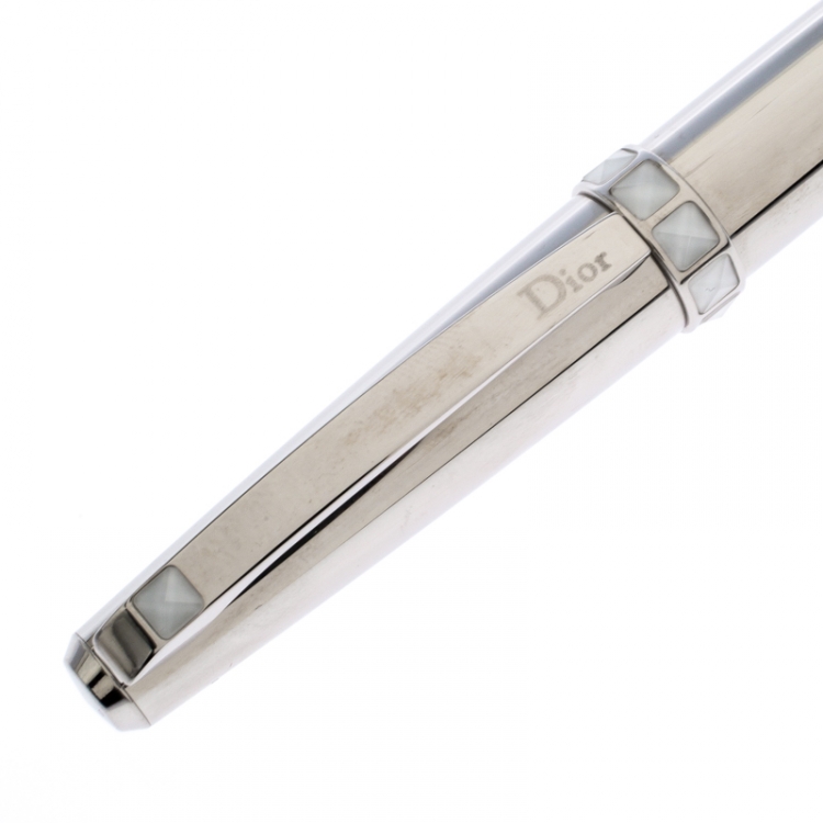 Pre Owned Dior White Ceramic Embellished Silver Tone Ballpoint Pen