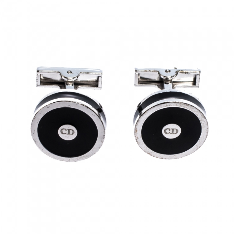 Pre Owned Dior Homme Palladium Plated Black Lacquer Logo Cufflinks