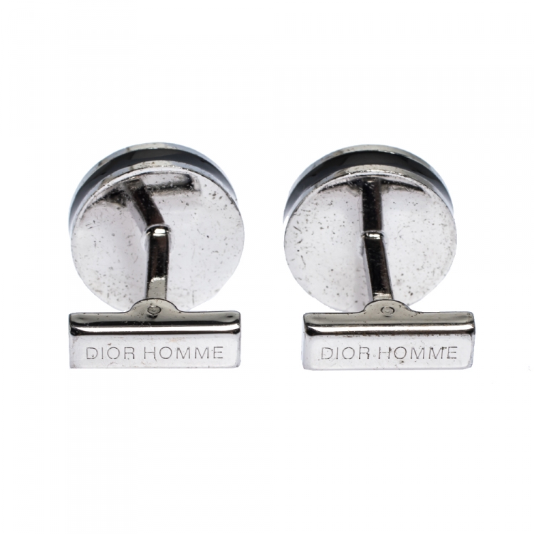 Pre Owned Dior Homme Palladium Plated Black Lacquer Logo Cufflinks