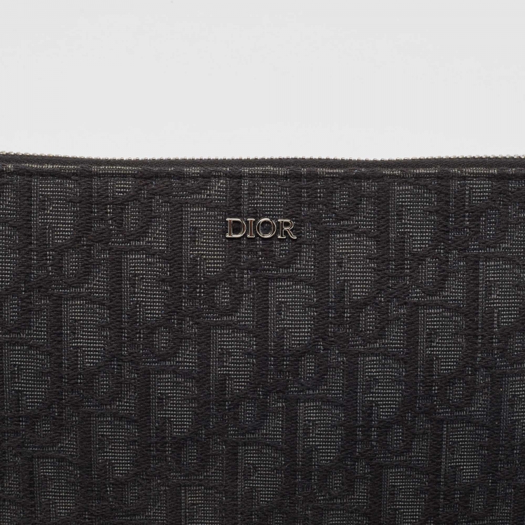 Pre Owned Dior Black Oblique Canvas and Leather Zip Slim Pouch