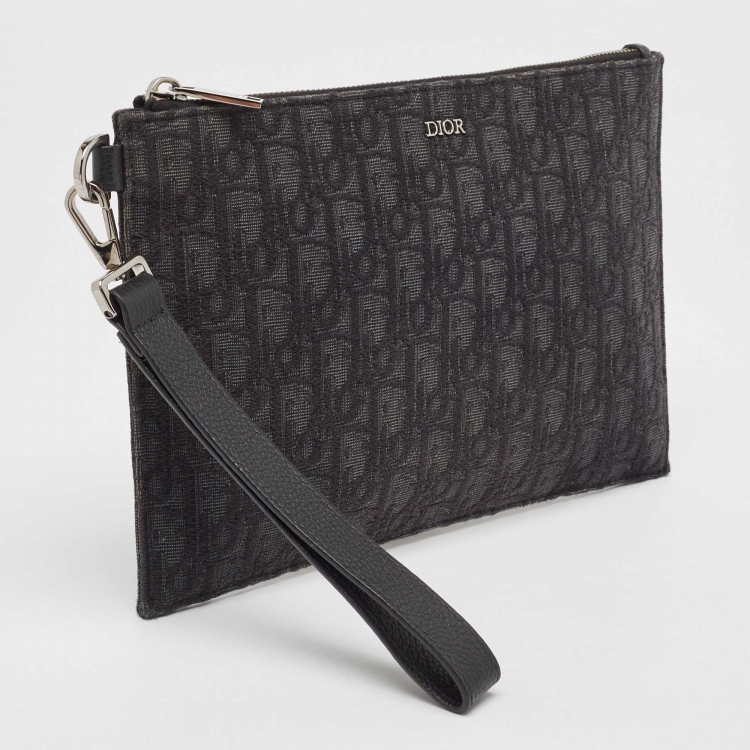 Pre Owned Dior Black Oblique Canvas and Leather Zip Slim Pouch