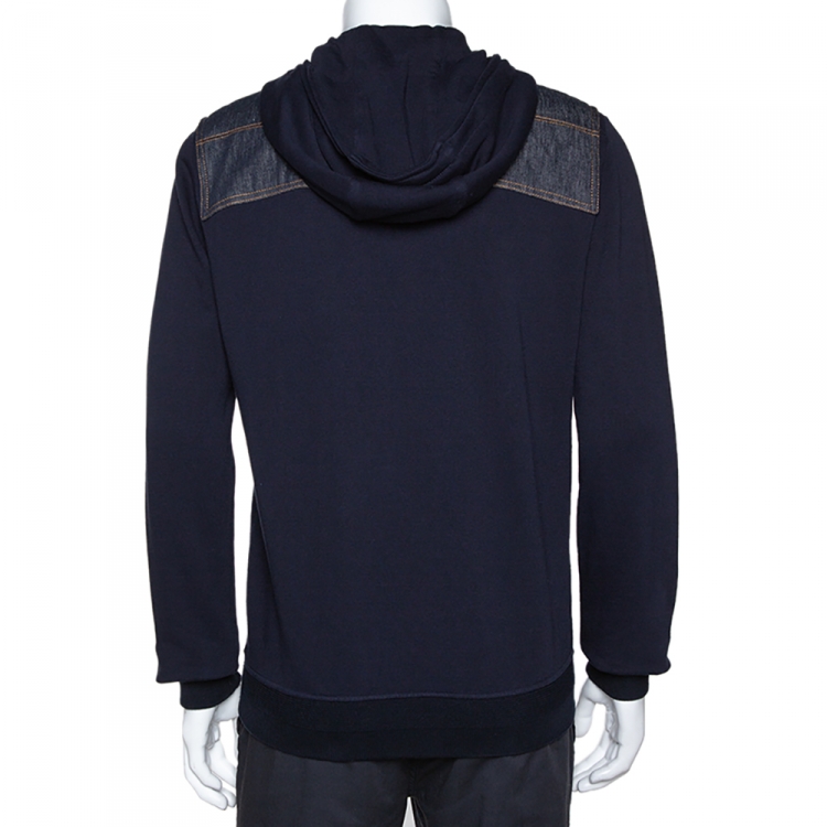 Pre Owned Dior Homme Navy Blue Cotton Denim Trim Zip Front Hooded Jacket L