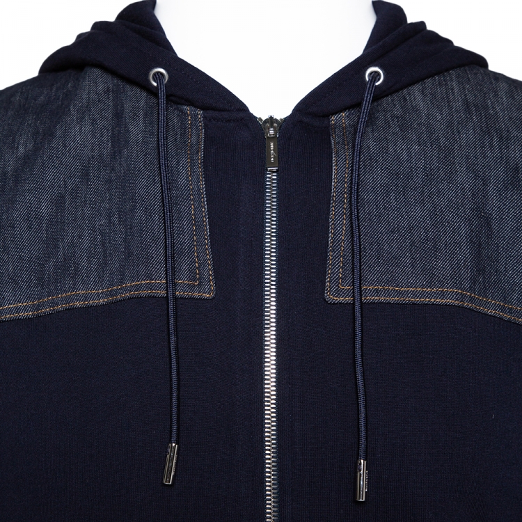 Pre Owned Dior Homme Navy Blue Cotton Denim Trim Zip Front Hooded Jacket L