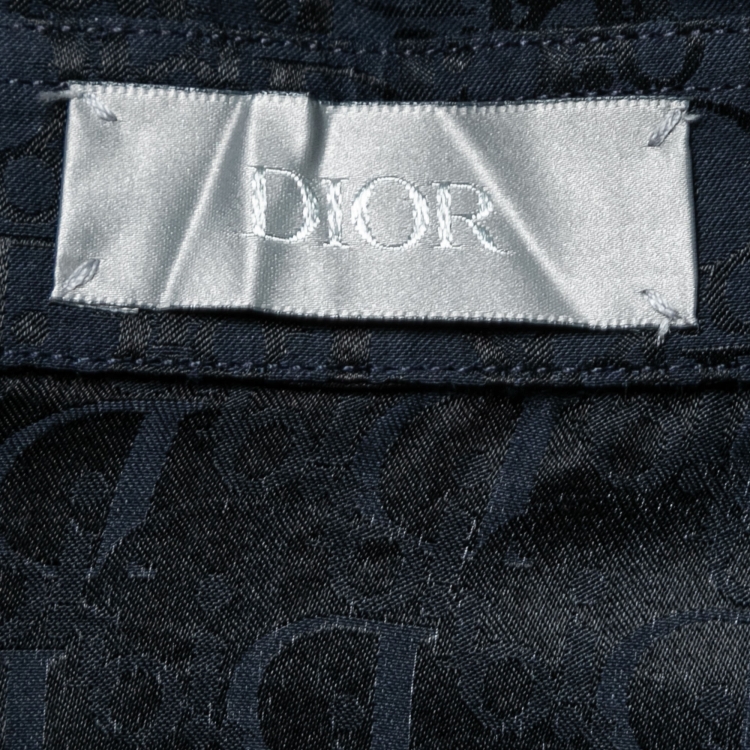 Pre Owned Dior Navy Blue Logo Jacquard Silk Button Front Short Sleeve Shirt L