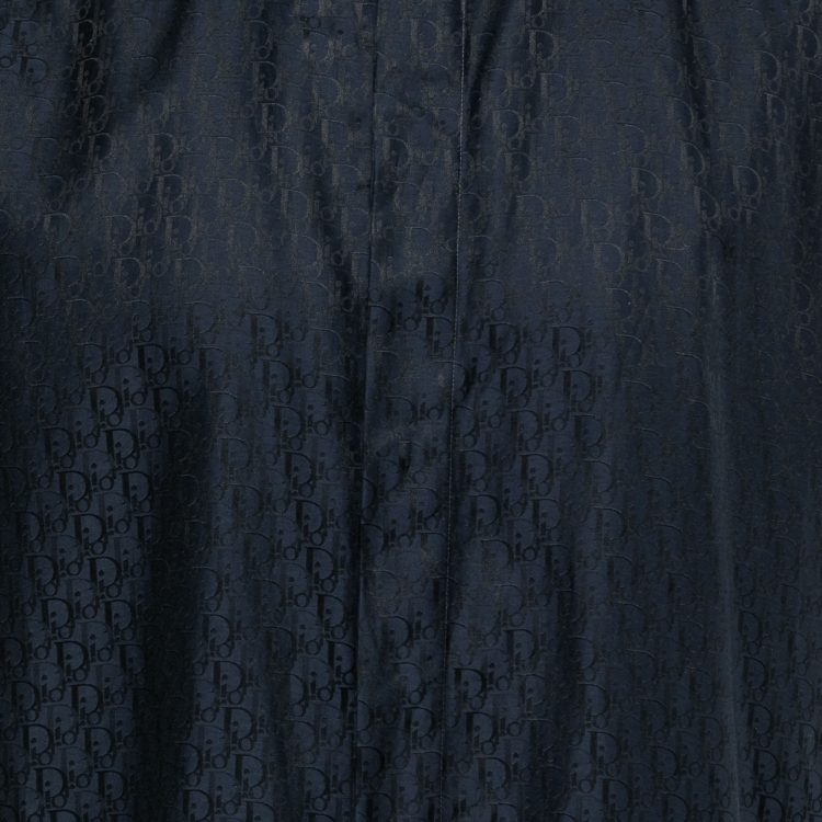 Pre Owned Dior Navy Blue Logo Jacquard Silk Button Front Short Sleeve Shirt L