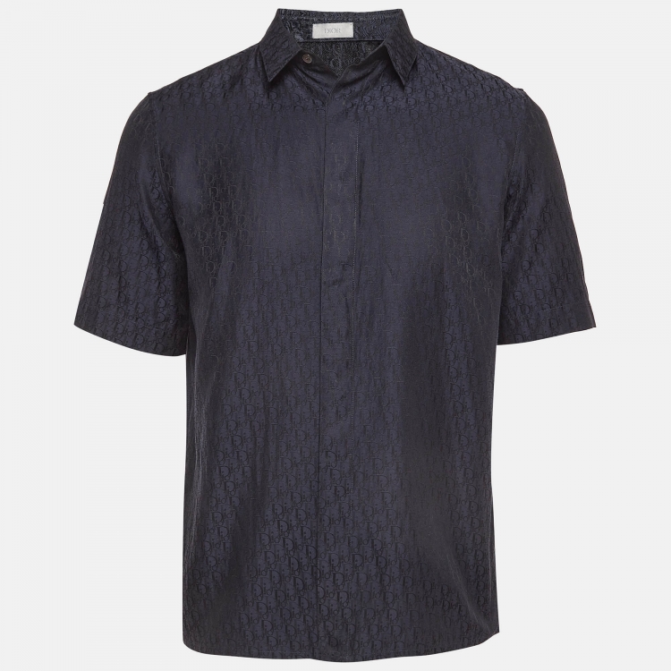 Pre Owned Dior Navy Blue Monogram Patterned Silk Blend Buttoned Up Shirt XXS