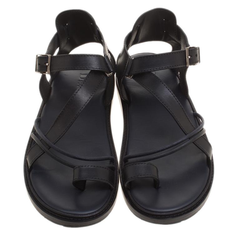 Pre Owned Dior Homme Black Leather Toe Ring Cross Strap Sandals Size 43.5