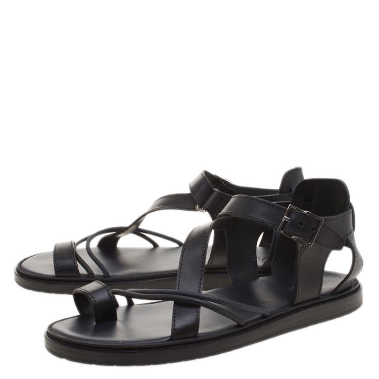 Pre Owned Dior Homme Black Leather Toe Ring Cross Strap Sandals Size 43.5