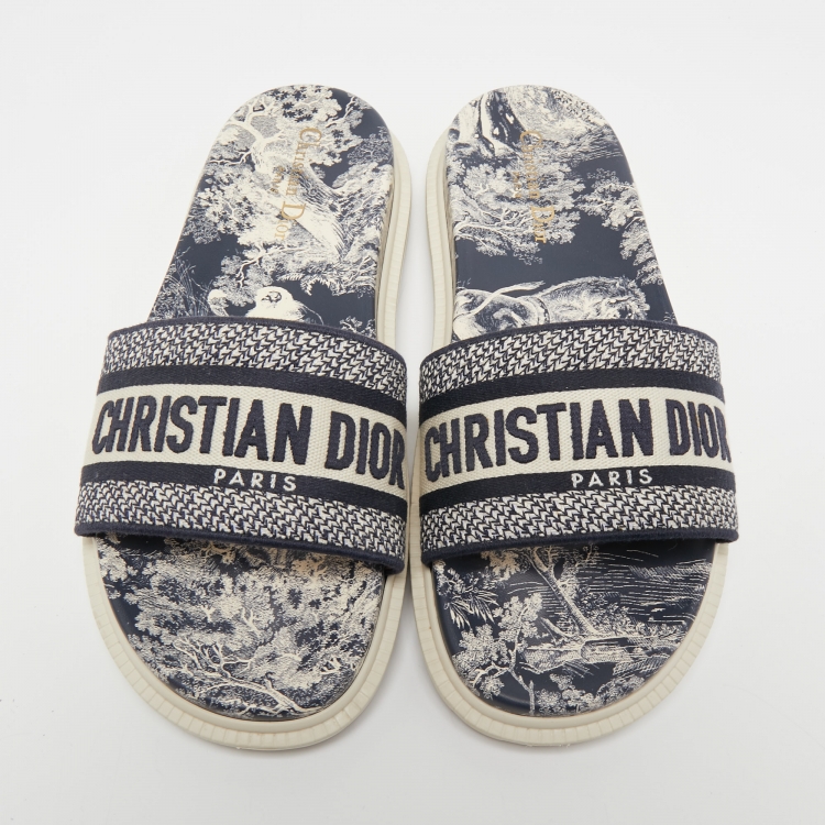 Pre Owned Dior Blue Embroided Canvas Dway Flat Slides Size 41