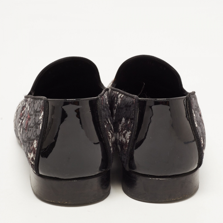 Pre Owned Christian Dior Black/Grey Embroidered Fabric and Patent Leather Smoking Slippers Size 41