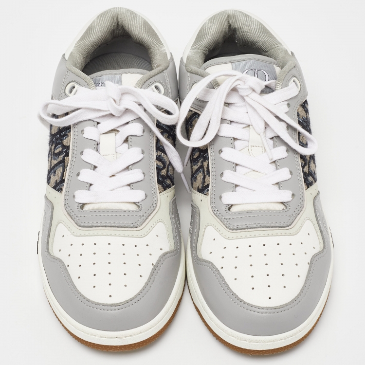 Pre Owned Dior Grey/White Leather and Oblique Canvas B27 Sneakers Size 40.5