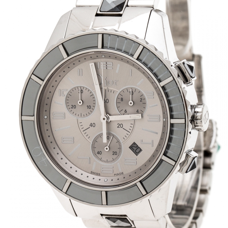 Pre Owned Dior Silver Grey Stainless Steel Christal CD114312 Men's Wristwatch 38 mm