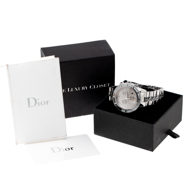 Pre Owned Dior Silver Grey Stainless Steel Christal CD114312 Men's Wristwatch 38 mm