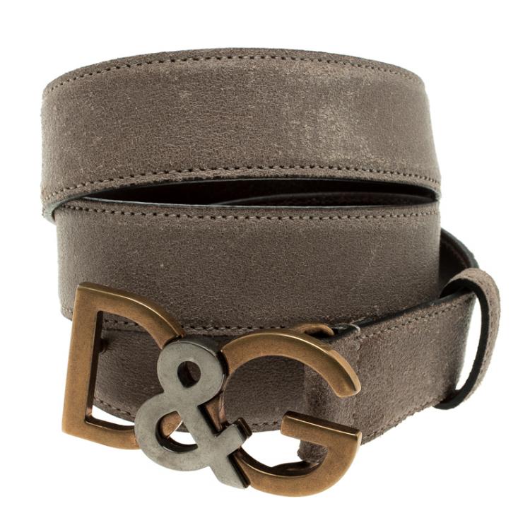 Pre Owned Dolce and Gabbana Taupe Suede Leather D&G Buckle Belt 105cm