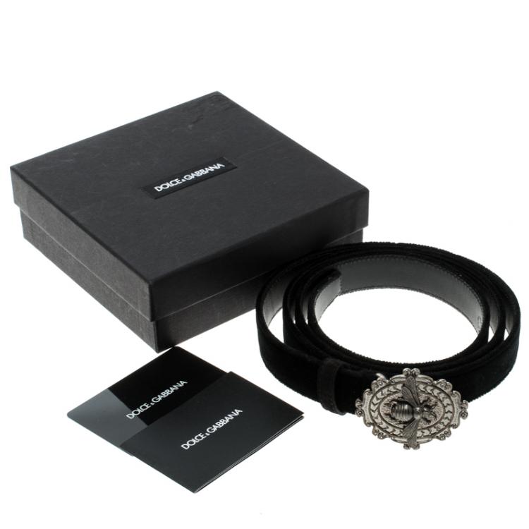 Pre Owned Dolce and Gabbana Black Velvet Bee Buckle Belt 115cm