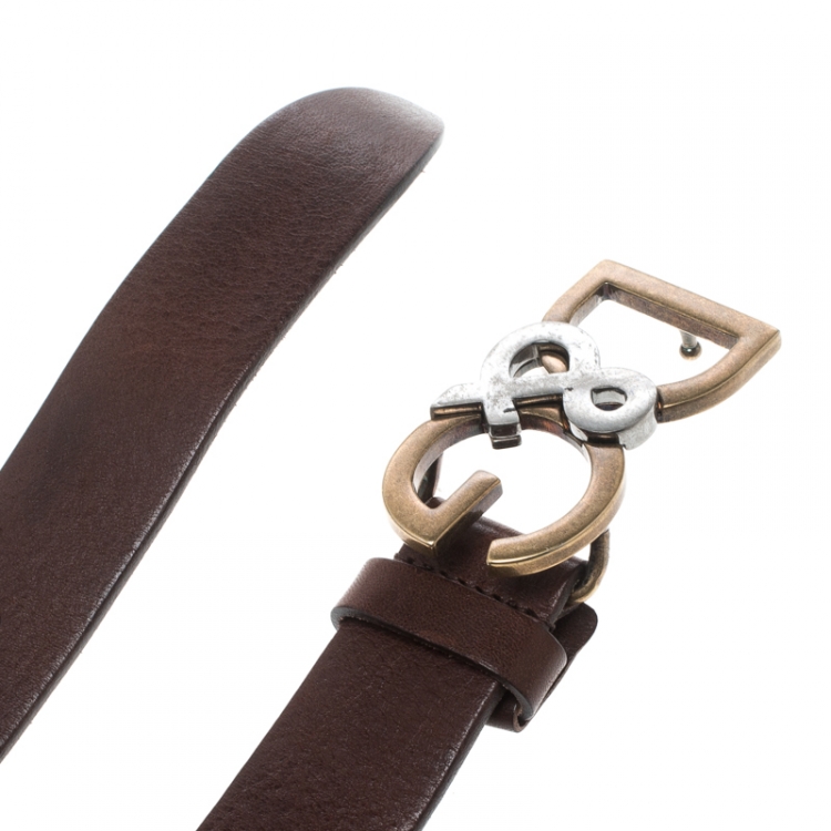 Pre Owned Dolce & Gabbana Dark Brown Leather D&G Buckle Belt 100cm