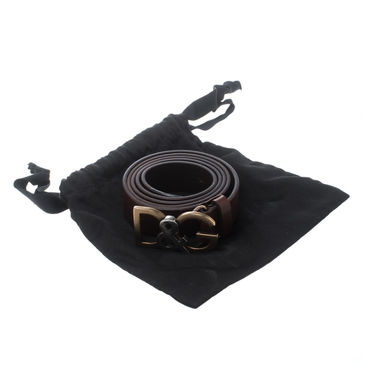 Pre Owned Dolce & Gabbana Dark Brown Leather D&G Buckle Belt 100cm