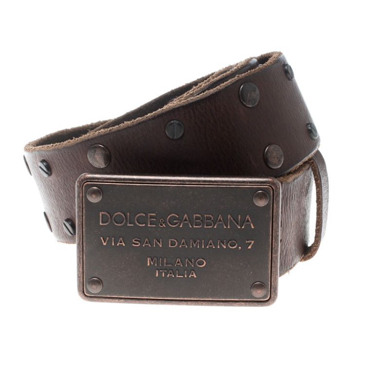 Pre Owned Dolce & Gabbana Brown Leather Studs Plaque Buckle Belt 105cm