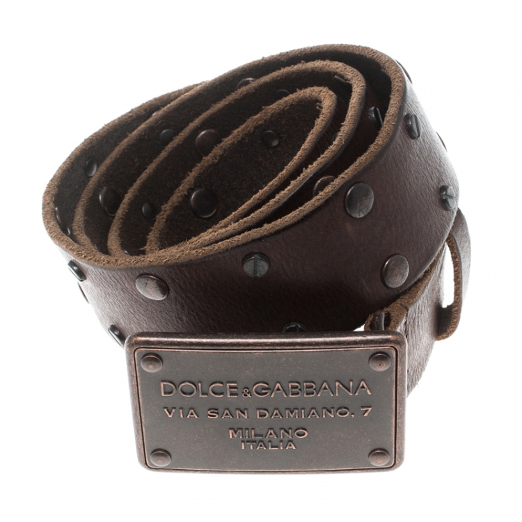 Pre Owned Dolce & Gabbana Brown Leather Studs Plaque Buckle Belt 105cm