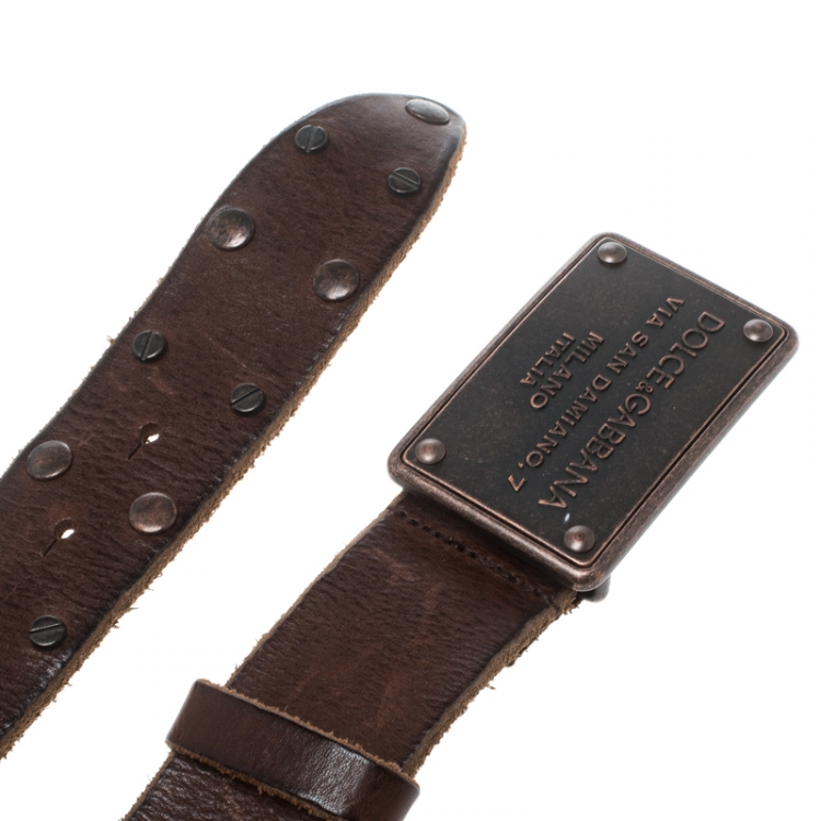 Pre Owned Dolce & Gabbana Brown Leather Studs Plaque Buckle Belt 105cm