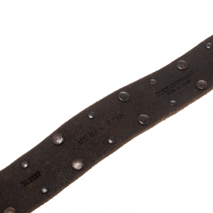 Pre Owned Dolce & Gabbana Brown Leather Studs Plaque Buckle Belt 105cm
