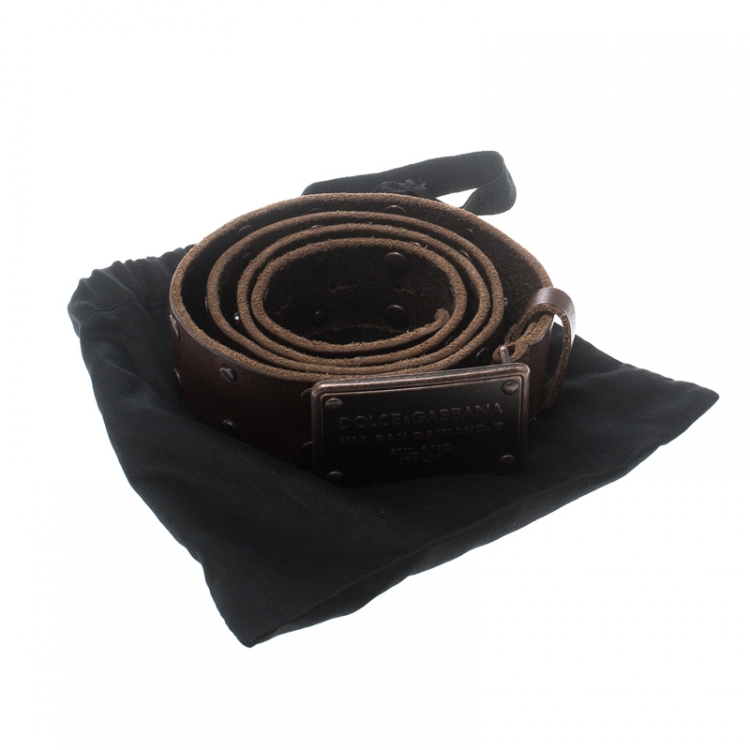 Pre Owned Dolce & Gabbana Brown Leather Studs Plaque Buckle Belt 105cm