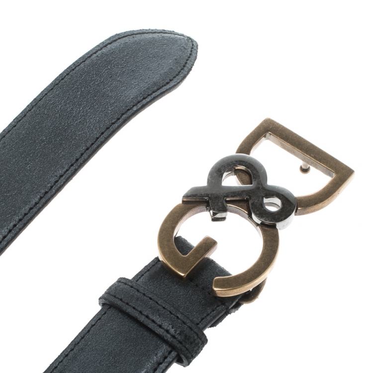 Pre Owned Dolce & Gabbana Dark Grey Leather D&G Buckle Belt 100cm